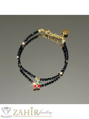 Лукс модел гривна за ръка или глезен от естествен черен турмалин 3 мм топче, стоманени черешки 1 см и стоманени елементи, закопчалка и удължител - GA3203